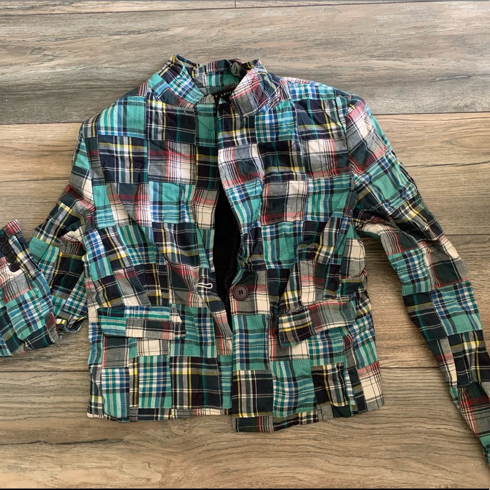 Larry Levine plaid button up blazer jacket.
